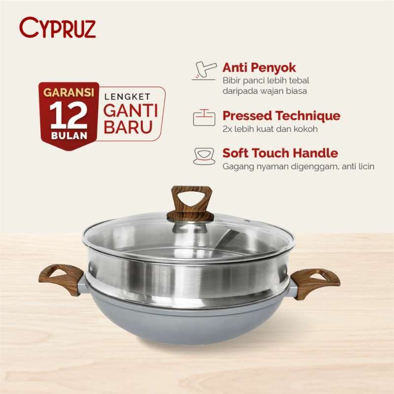 Cypruz Hercules Series Wok Pan + Steamer (Grey)