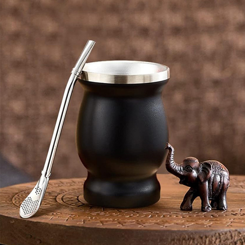 Taragui Yerba Mate With Stems 250Ml Stainless Steel Double Wall + Yerba Mate Gourd Cup Set