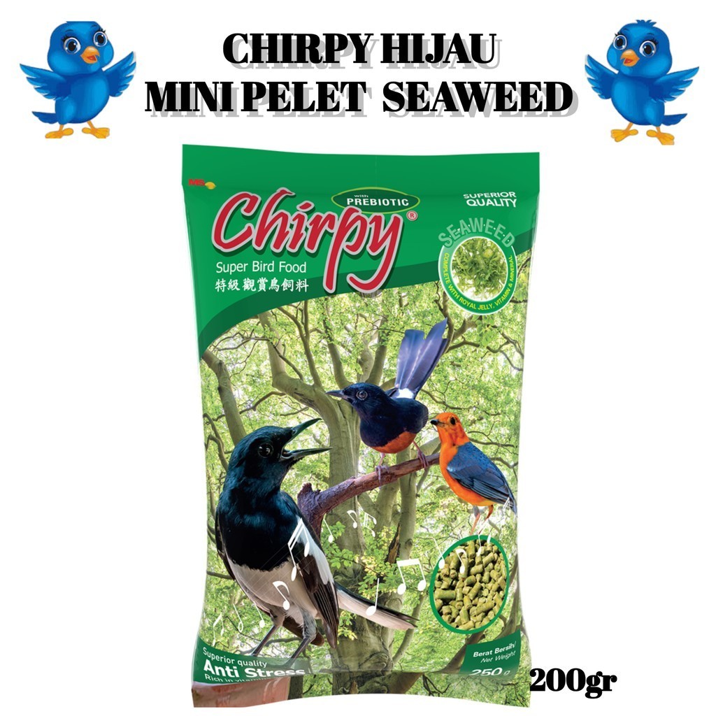 Pakan Burung Pleci Voer Pur Mini Pellet Chirpy Seaweed Hijau 200 gram