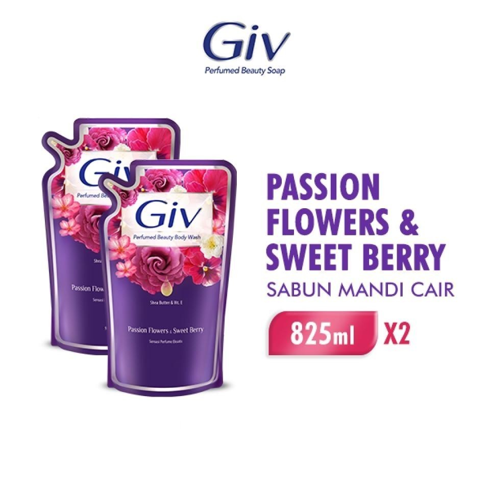 Giv Sabun Mandi Cair Ungu Passion Flowers & Sweet Berry Pouch 825 ml x2