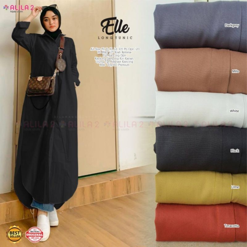 ELLE Long Tunik Bahan Toyobo Premium Bahan Nyaman adem Tunik Muslim Cantik Polos by Alila2/ GAMIS MO