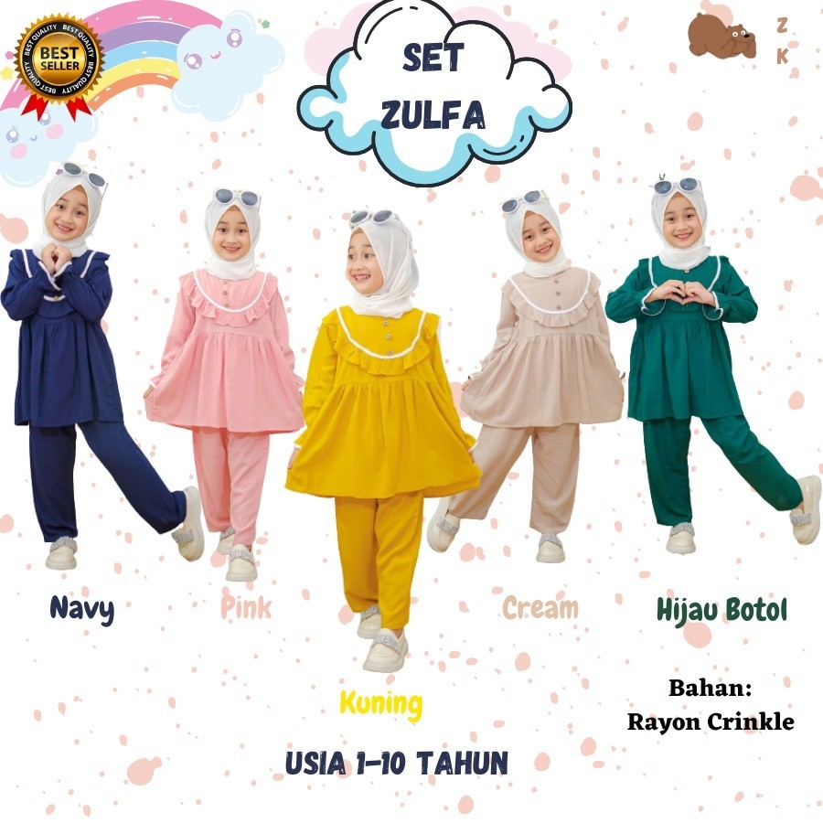 SET ZULFA Pakaian Baju Setelan One set Oneset Tunik Rayon Crinkle Lengan Panjang Anak Bayi Muslim Mu