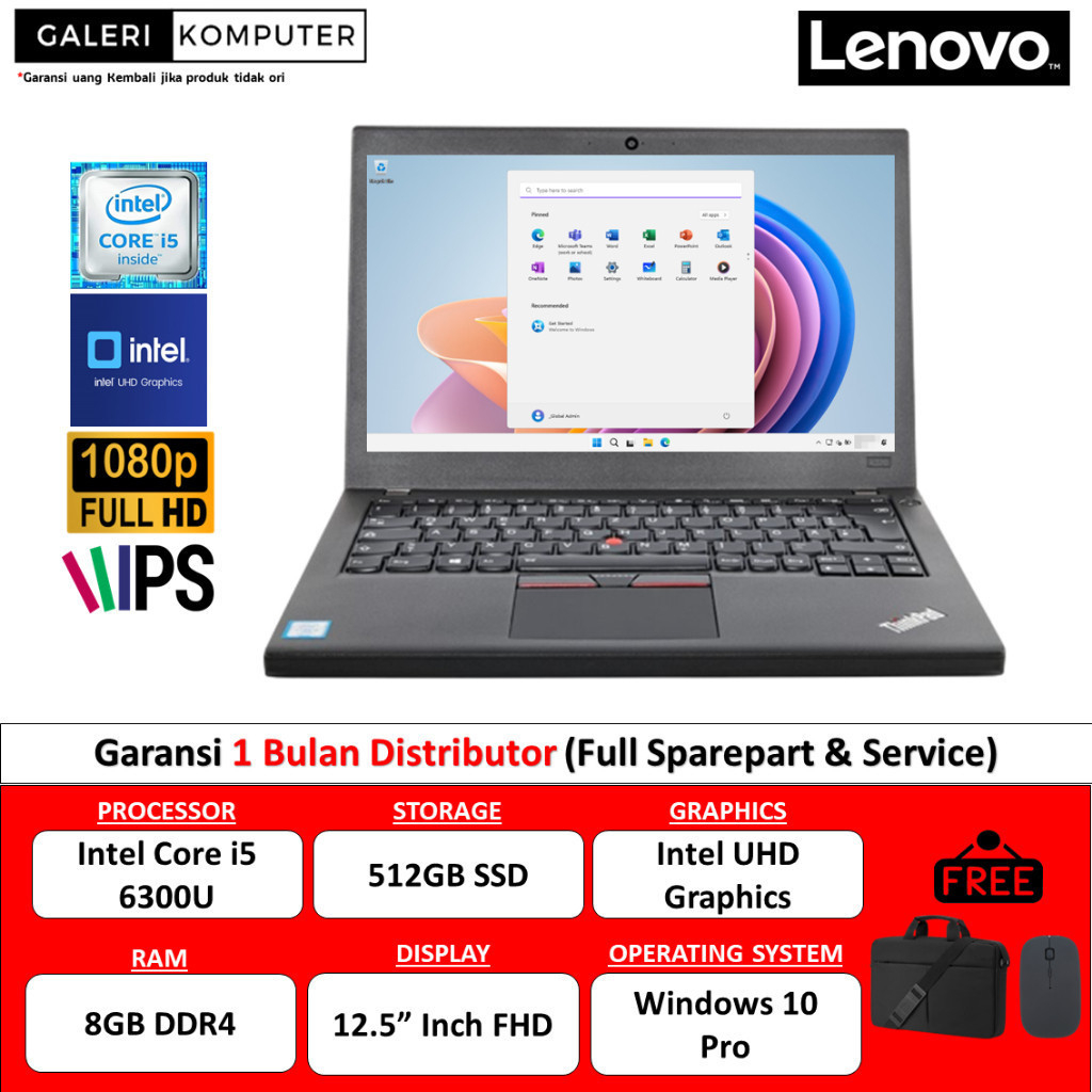 diskon promo cuci gudang bergaransi 1thn Laptop Slim Lenovo Thinkpad X270 Core i5 6300U 8GB 512GB SSD FHD Touch Windows 10 Pro Second
