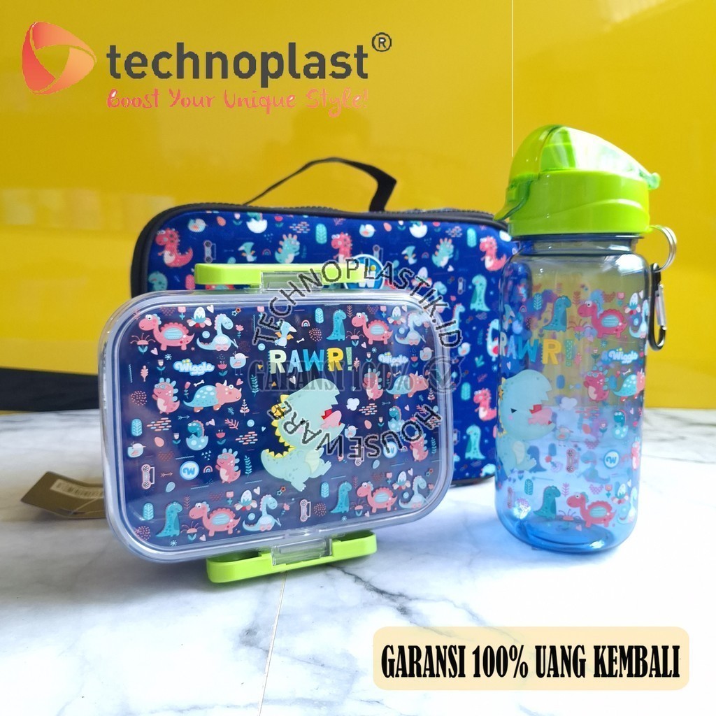WIGGLE [PP05] Lunch Box Set Paket Hemat Dino Hello Lunch Box Bag Lunch Bottle Kotak Bekal Lock Botol
