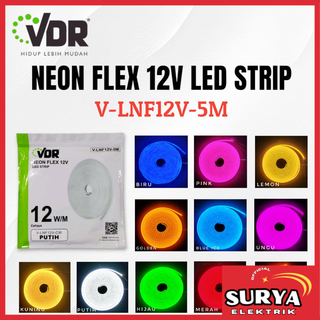 Lampu Neon Flex VDR LED Strip 5M 12W/M DC 12V Hias Plafon / Dekorasi Selang