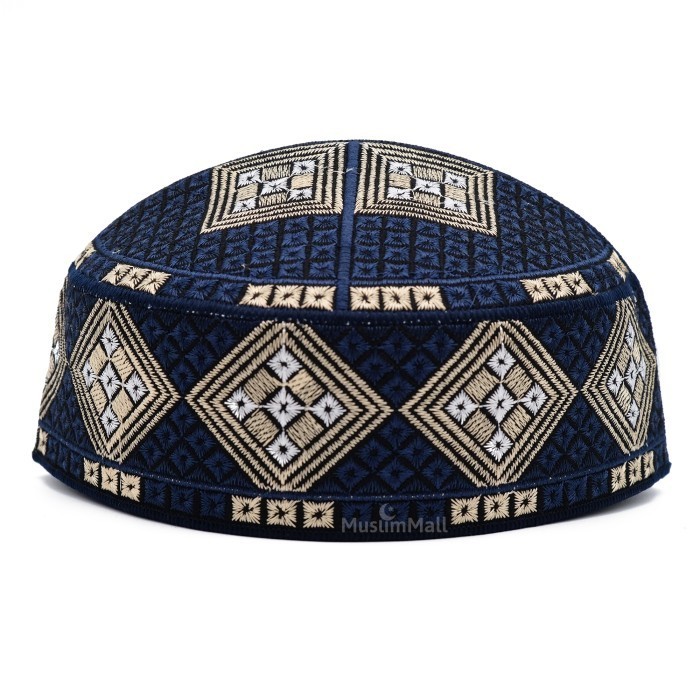 PROMO-Peci Bordir Pakistan Biru Navy Motif Berlian Putih Songkok Ori TheKufi - Cokelat - Cream, No.7
