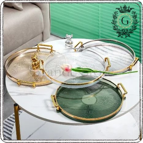 Nampan Handle Gold Plastik Bulat Baki Transparan Wadah Perhiasan Buah Snack Bulat Aesthetic - Aesthe