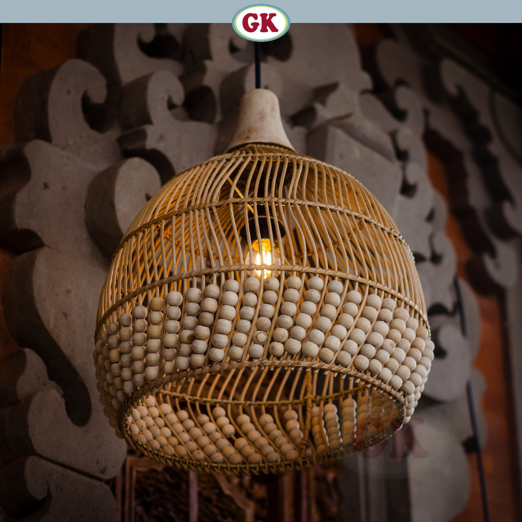 Kap Lampu Gantung Rotan KUBAH 19 - Dekorasi Lampu Manik Kayu Rotan