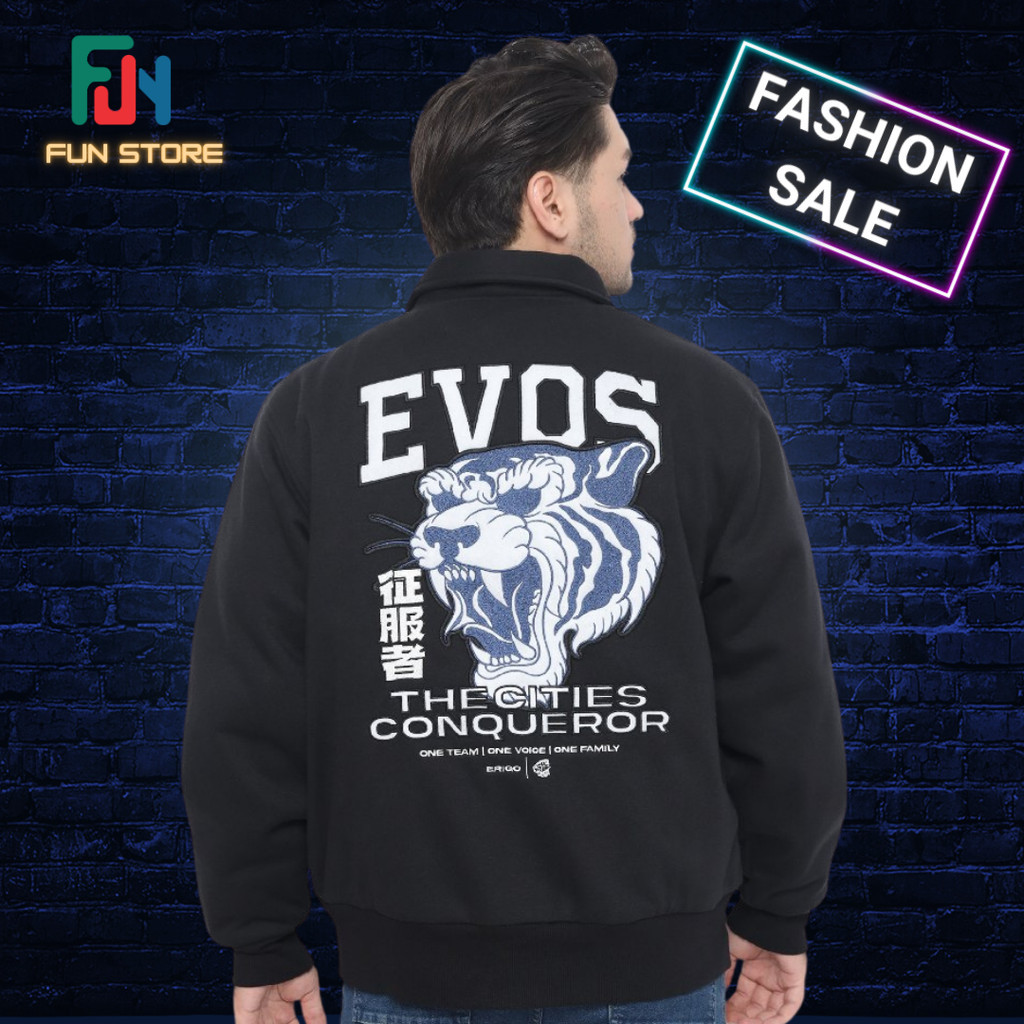 jaket varsity EVOS GLORY BLACK "THE CITIES CONQUEROR" terbaru 2024 RRQ ONIC ALTER EGO RRQ OVER SIZE 