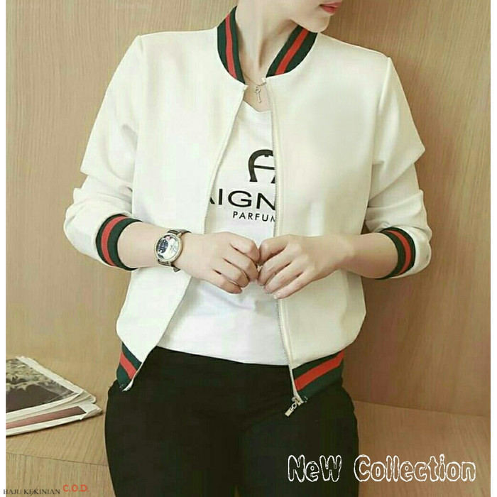 Baju Jaket List putih VE Jaket Wanita babytery putih Kekinian