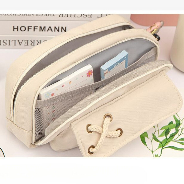 

SMM Tempat Pensil Model Pita Silang Kotak Pensil Tali Rami Ritsleting Ganda Bahan Kanvas Pouch Tempat Alat Tulis Perlengkapan Sekolah Kantor Dua Sisi Resleting