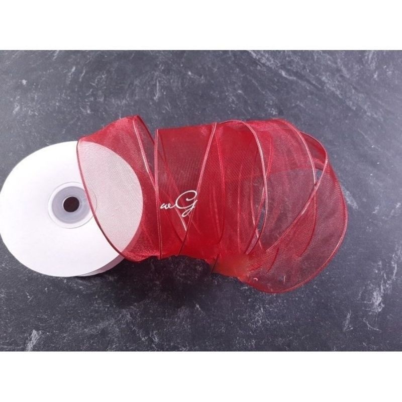 

Pita Organdi Merah list Kawat; Lebar 3.8 cm; Panjang 25 yard
