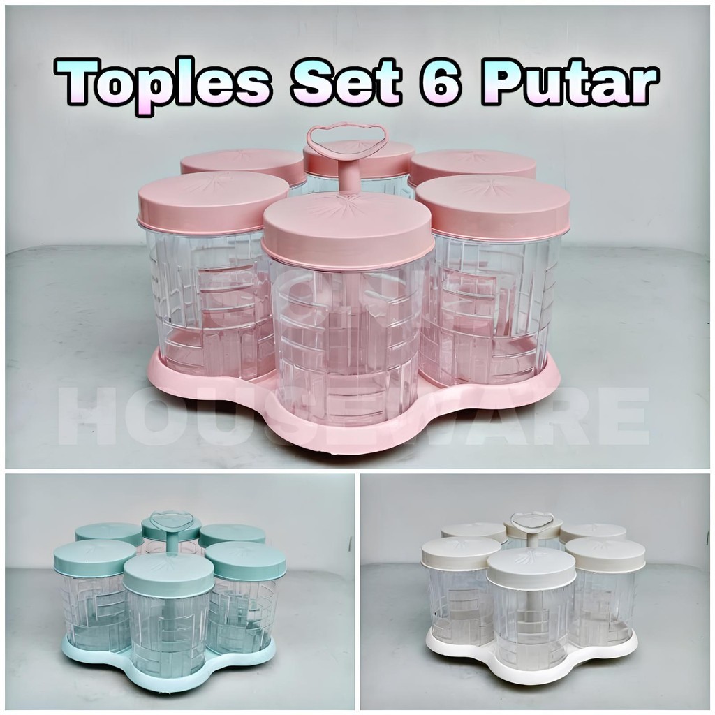Toples Kue Lebaran 6 Daun Putar Toples Nampan set Warna Ivory Pink Hijau Sage Tosca Solid