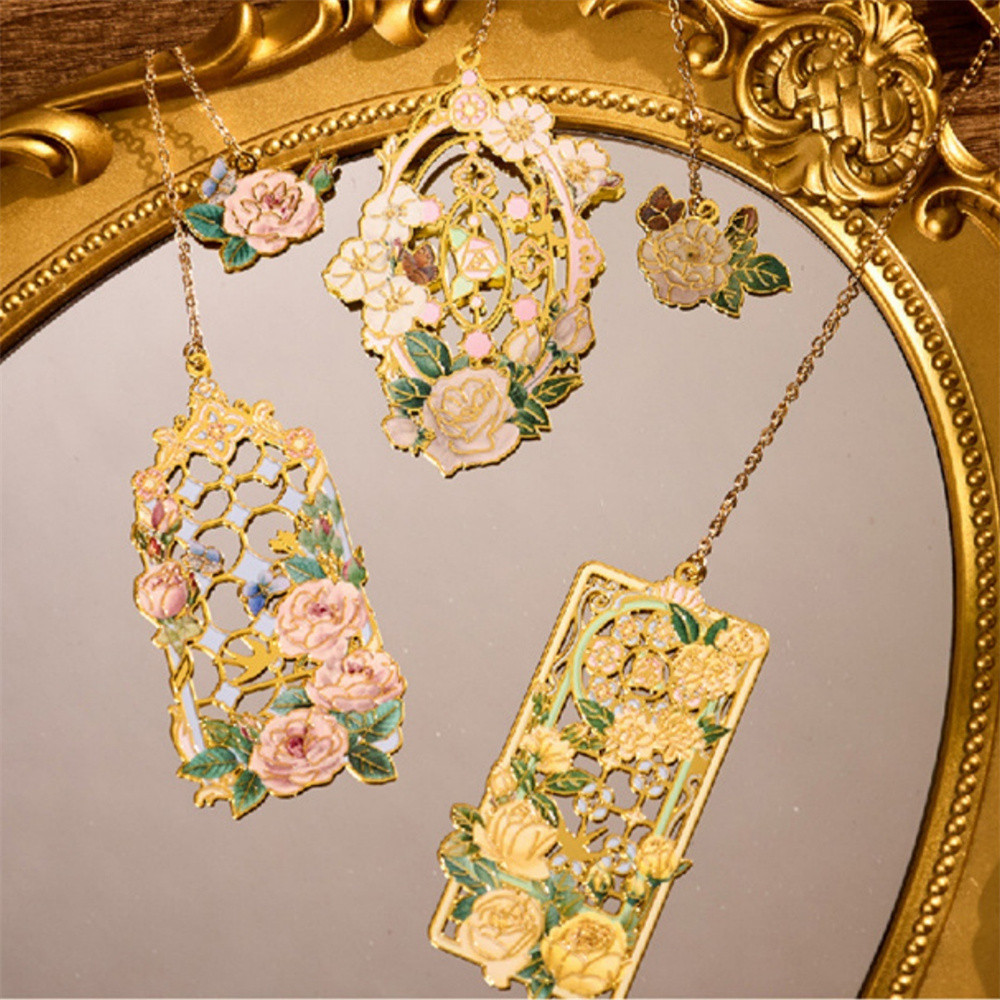 

Rose Floral Hollow Gold Metal Bookmark W/ Pendant Bookclip Student Bookfriend Gifts Page Mark School Office Supplies Stationery