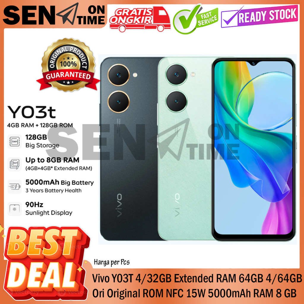 Vivo Y03T AI Dual Camera 15W Flashcharge 4/32GB 4/64GB RAM 4 64 GB 5000 mAh Layar Sunlight 90 Hz And