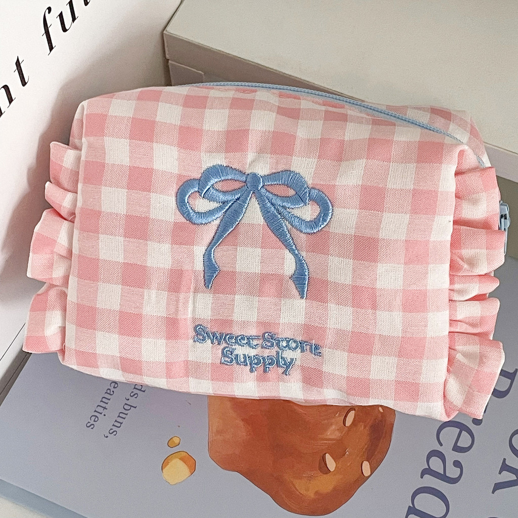 

Plaid Bow Change Purse Women's Storage Bag Sweet Ruffle Girls Cosmetic Bag Makeup Case Travel Portable Wash Bag Female Clutch