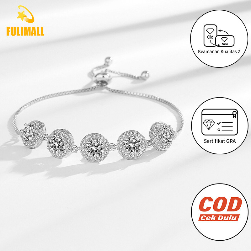FULIMALL Gelang Moissanite 1 Karat untuk Wanita Gelang Platinum Sertifikat GRA Stok