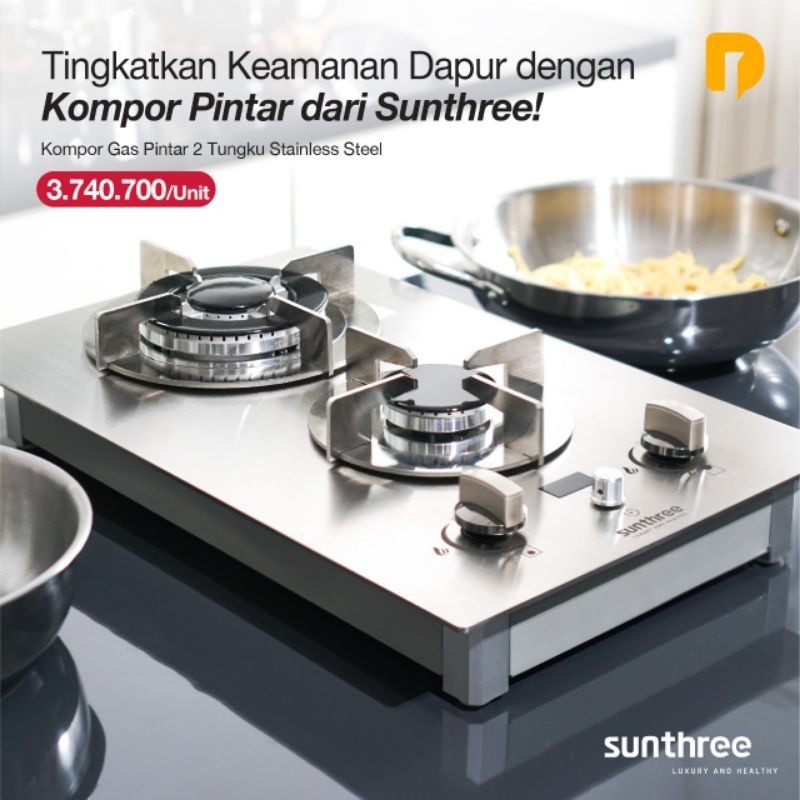 promo spesial Sunthree Kompor Gas Pintar 2 Tungku Stainless Steel | Kompor Quantum 2 Tungku