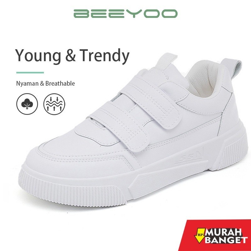 Sepatu running wanita- Beeyoo Sepatu Wanita Tanpa Tali Sneakers Wanita Fashion Sport Shoes Kets Puti