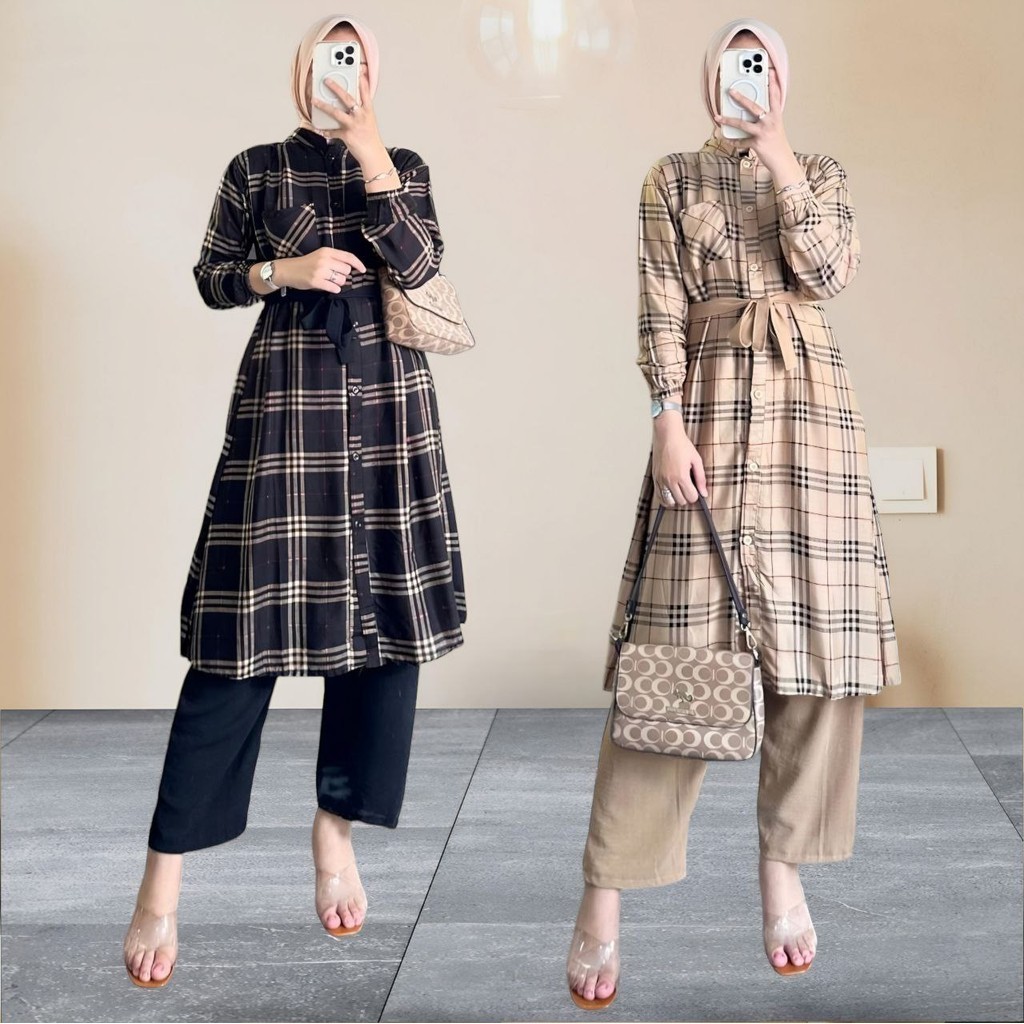 Kotak Set Long Tunik  - One Set Wanita Long Tunik Rayon Premium Setelan Wanita Kekinian Celana Kulot