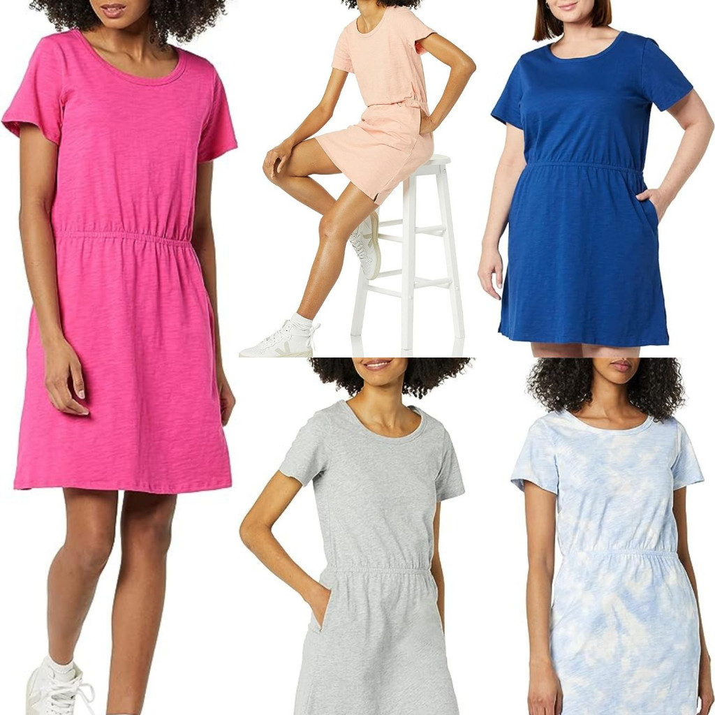 AMAZON ESSENTIALS Short Sleeve Elastic Waist Jersey Mini Dress - 4153 Termurah