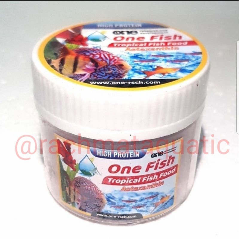 Pakan ikan One Fish Tropical. Sangat bagus mencerahkan warna ikan hias.