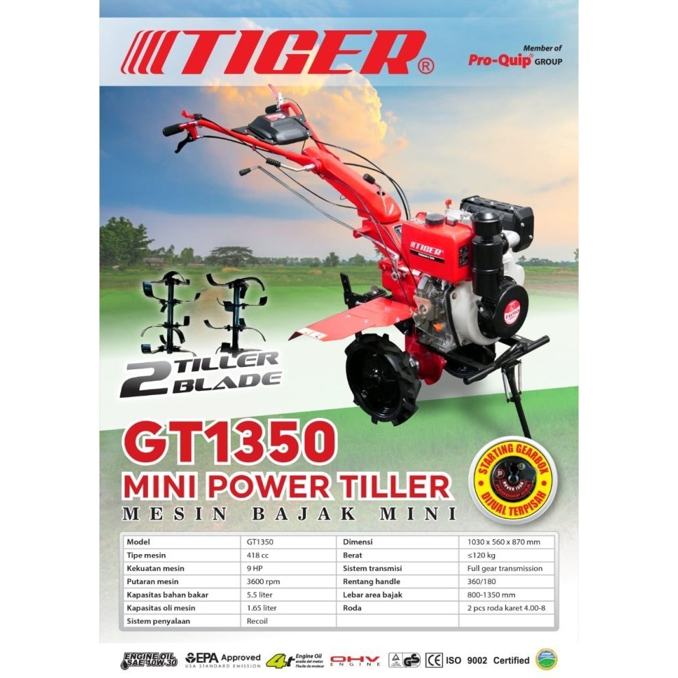 (GT-1350 TIGER) Mesin Traktor Mini SOLAR GT1350 TIGER / Tiller Cultivator Mesin Bajak Sawah Basah Kering 9 Hp GT 1350 TIGER
