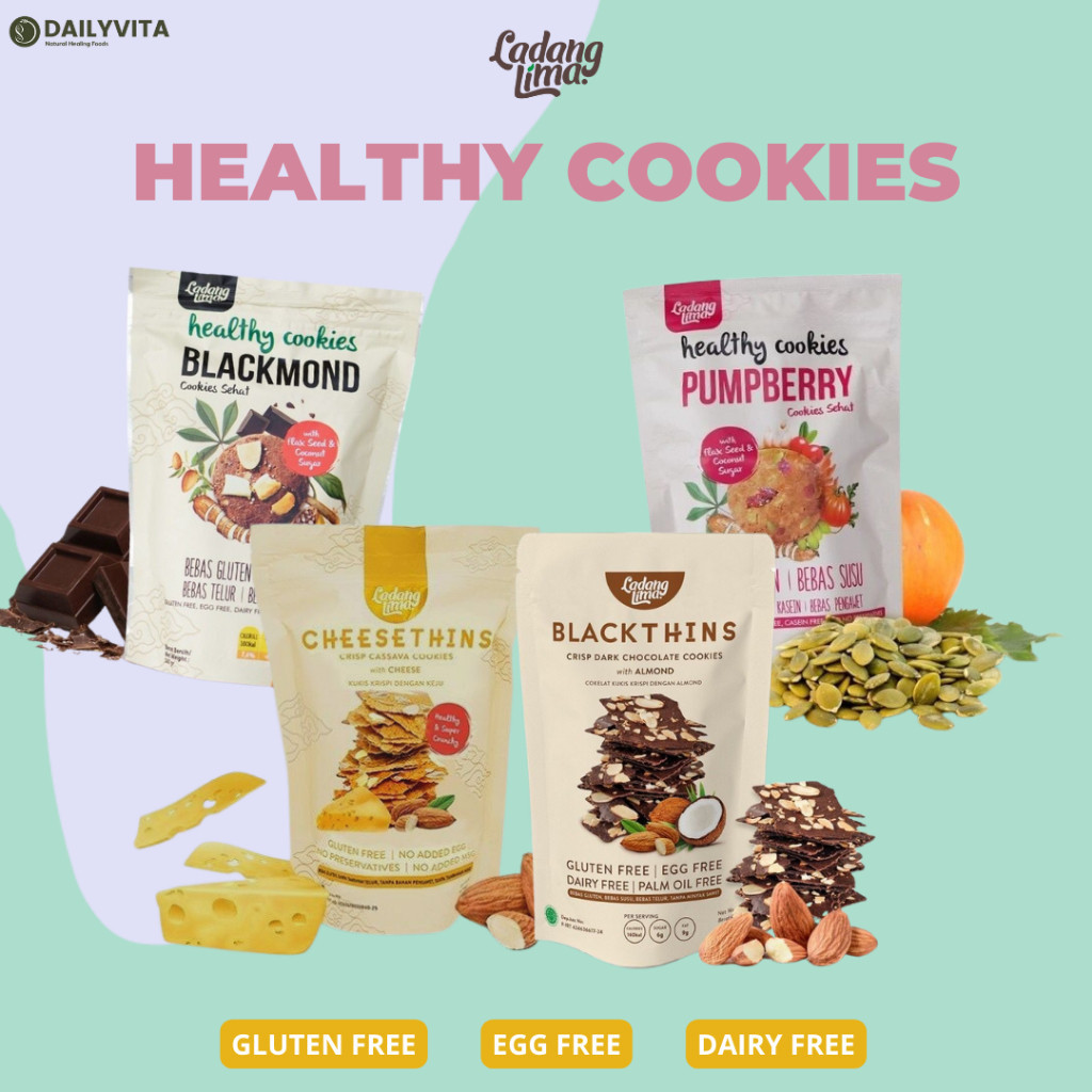 

Ladang Lima - Healthy Cookies Blackthins 100gr/Cheesethins 80gr/Blackmond 180gr/Blackmond Sachet/Pumberry 100gr Gluten Free