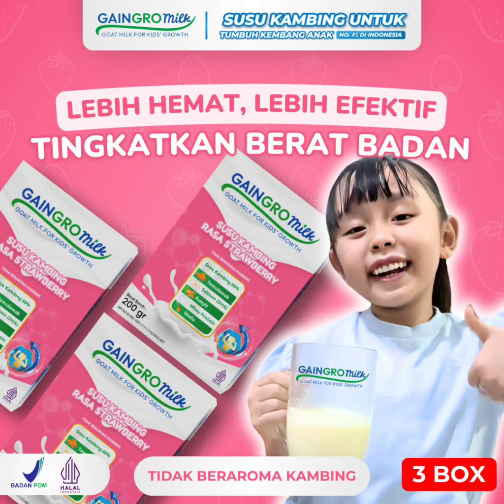 

PAKET 3 BOX GAINGRO MILK STRAWBERRY Susu Kambing Penambah Berat Badan Anak joyskincare.bekasi