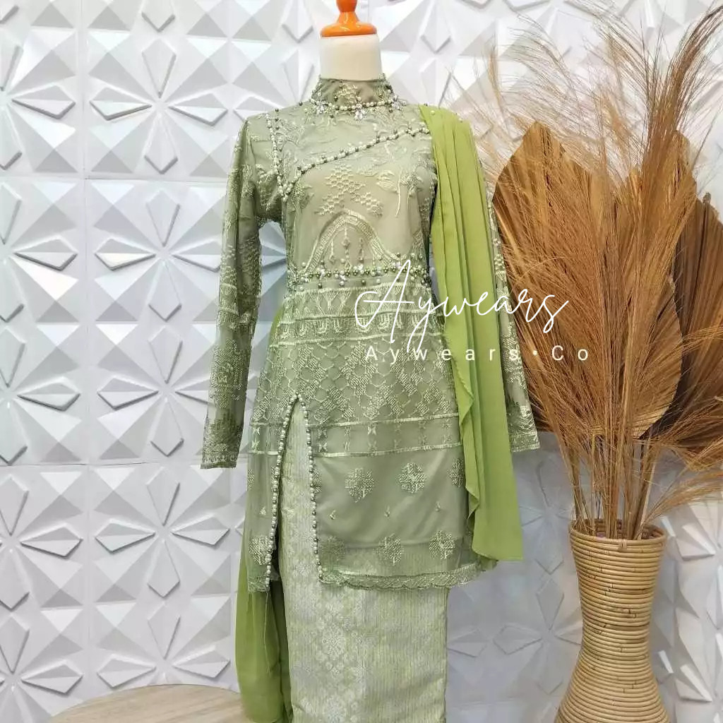 ERDE KEBAYA>- Set kebaya Selendang Roslina Sage green / Kebaya Songket Payet / Kebaya  modern