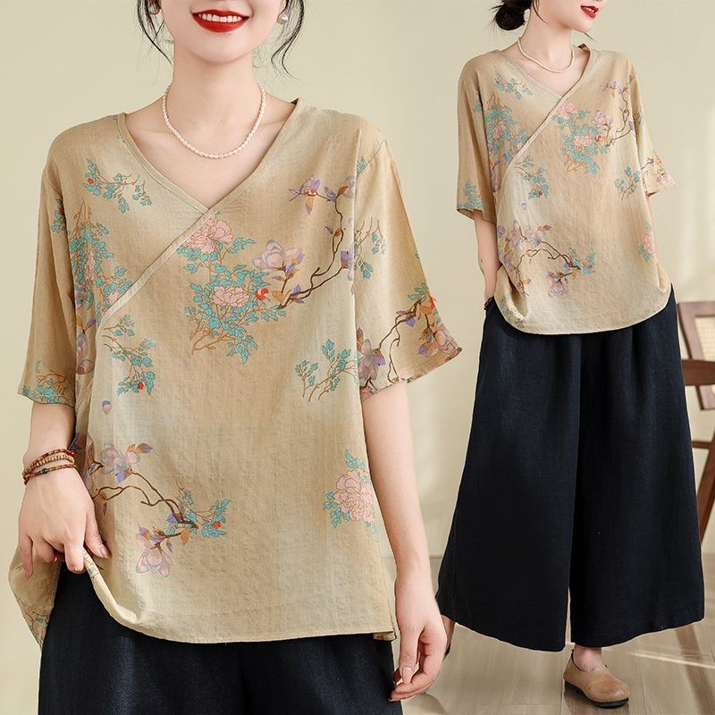 Baju Wanita Ukuran Besar Katun Hemp Kaos Lengan Pendek Musim Panas