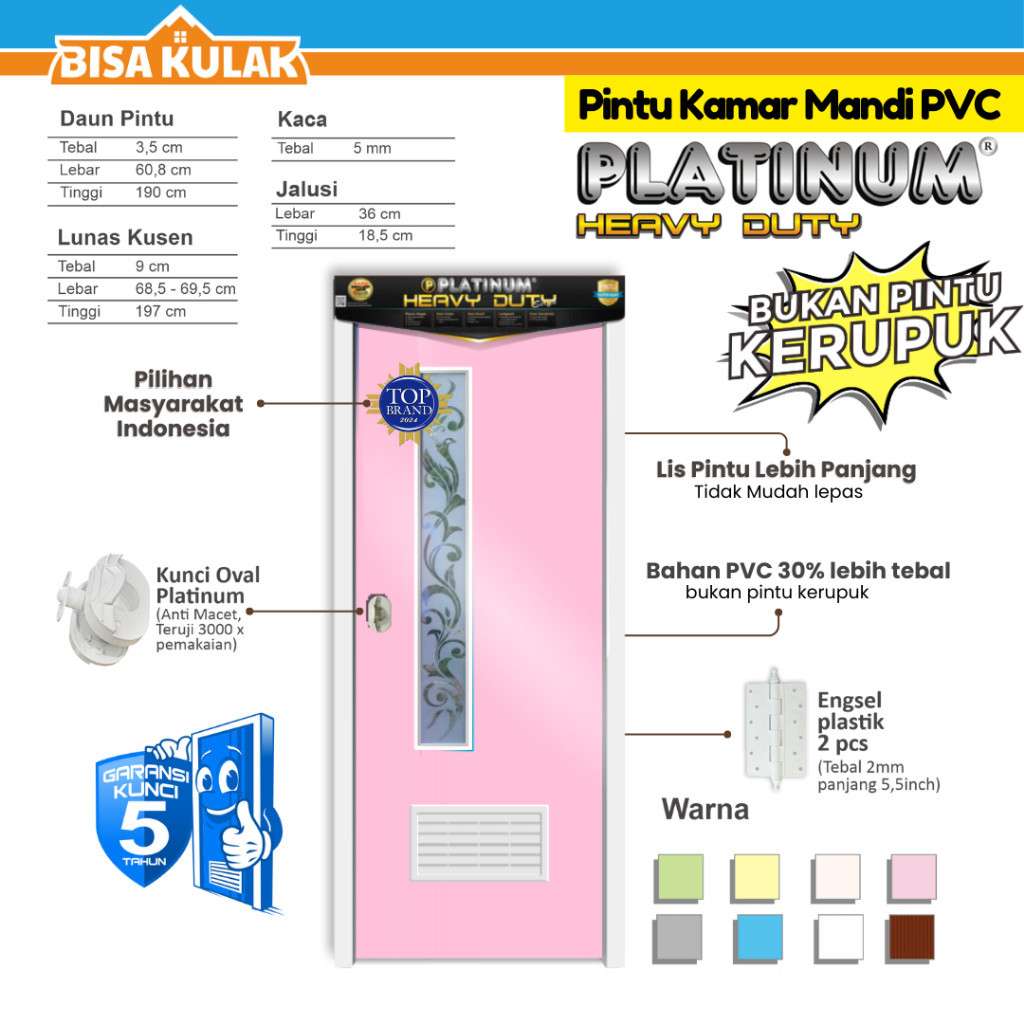 Pintu Kamar Mandi PVC Heavy Duty Platinum - Kaca Minimalis Berkualitas