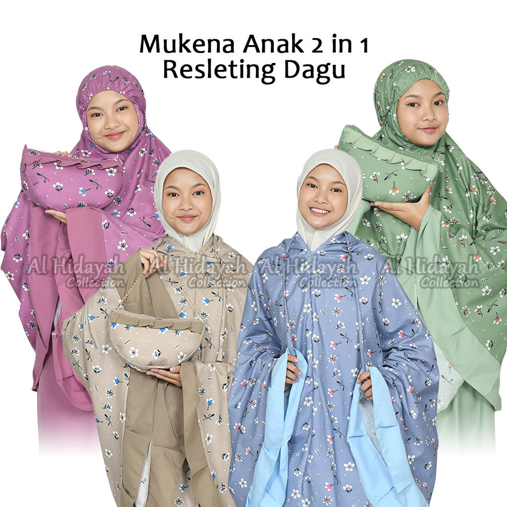 Mukena Anak Resleting Dagu 2 in 1 Katun Premium Motif Bunga Umur 3 4 5 6 7 8 9 10  11 12 13 14 15 Ta