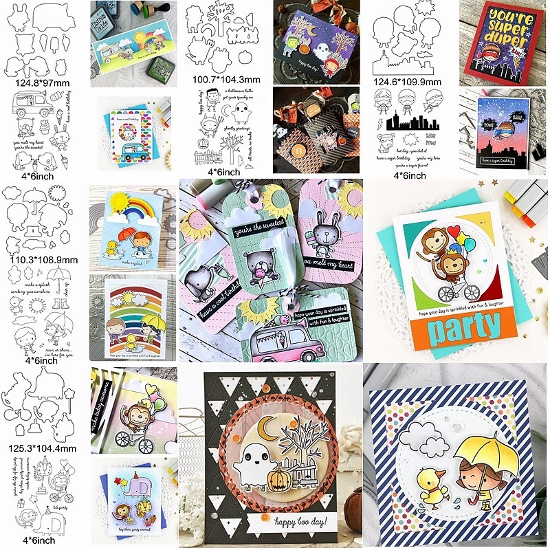 

Metal Cutting Dies Match Clear Silicone Stamps Cute Cartoon Animals Monkey Elephant Bunny Puppy Man Monster Cards Scrapbook