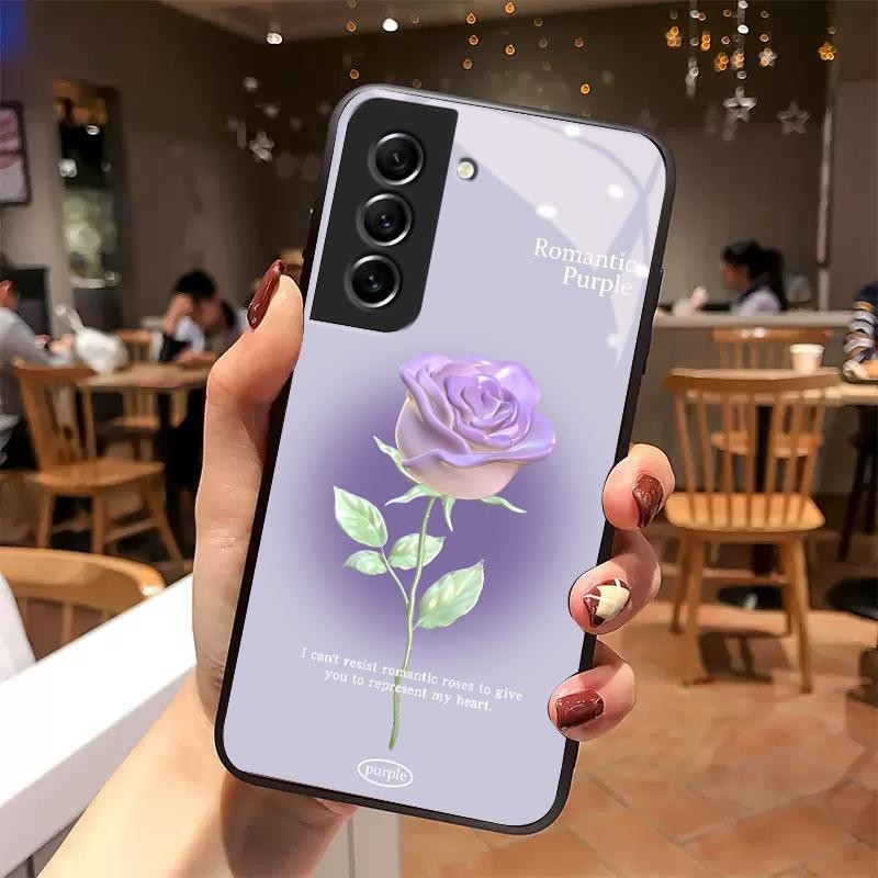 Glass Case For Samsung S21 FE 5G S21 5G S21 Plus S21 Ultra Silicon Back Beautiful Rose Cassing Hp