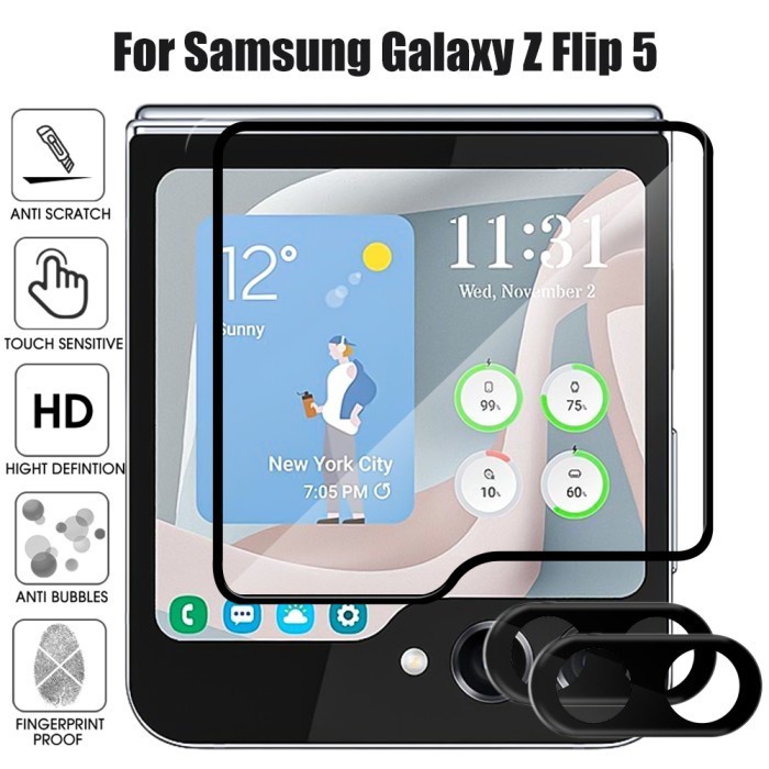 TEMPERED GLASS SAMSUNG GALAXY Z FLIP 5 5G BLACK BEZEL SCREEEN GLASS & LENS GLASS COVER PELINDUNG LAY