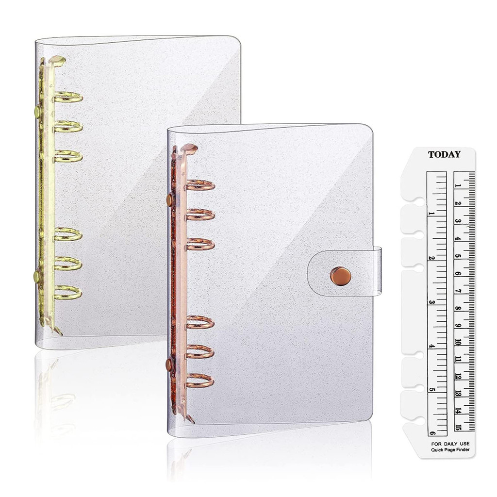 

2 Pack A6 PVC 6-Ring Binder Cover with Ruler, Rose Gold Notebook Planner,for A6 Refillable Notebook, Meeting, Office Supplies