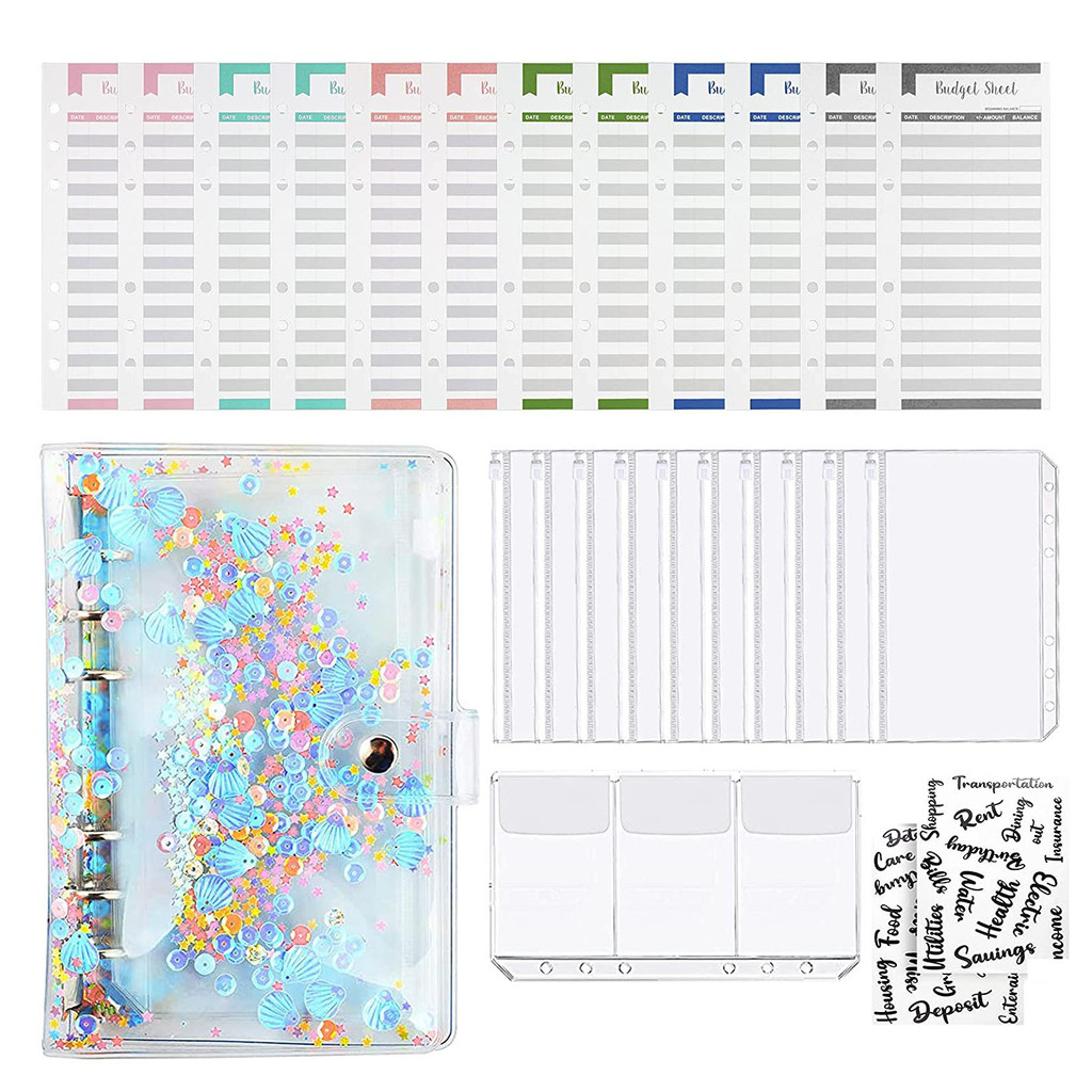 

26 Pieces A6 Glitter Binder Budget Envelopes Planner with 10 Zipper Pockets,Card Sleeve, Letter Stickers,Expense Budget Sheets