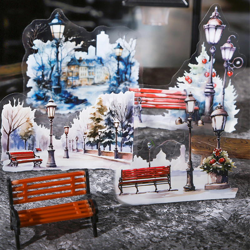 

6Style 15Pcs/bag street corner street lamp theme lamp post aquascape stickers creative handbook material DIY scrapbook envelopes