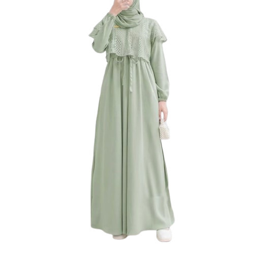 Gamis lebaran 2024 warna sage green hijau crinkle brokat dress  - L