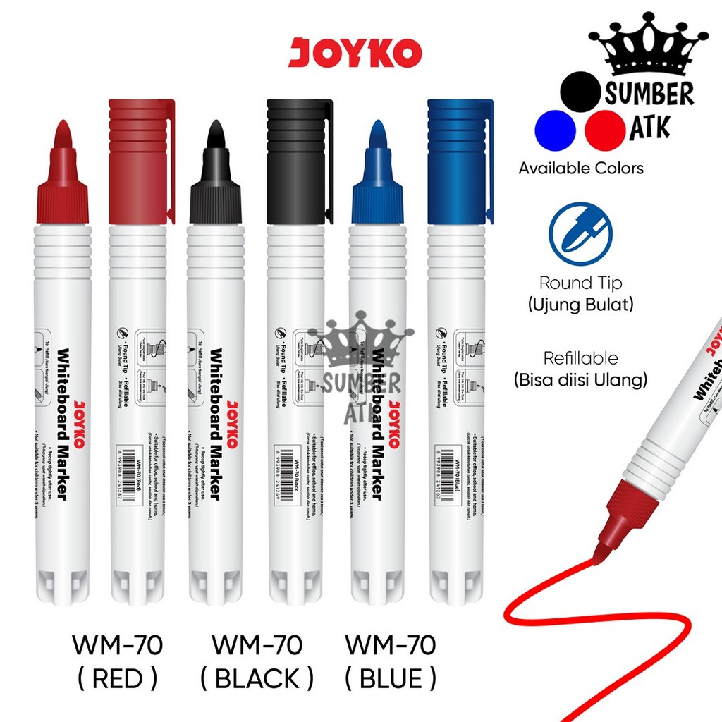

Whiteboard Marker Spidol Papan Tulis Dapat Dihapus Joyko WM-70 Black Blue Red