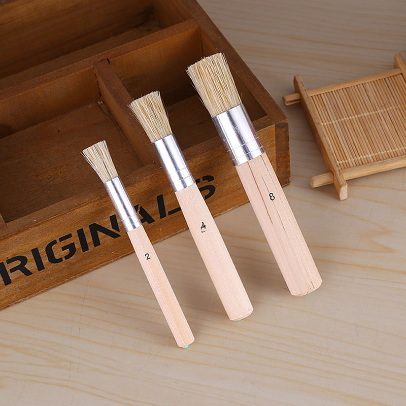 

3PCS Wooden Stencil Brush Chalk Paint Natural Pure Hog Bristle Round Painting Arts Supplies