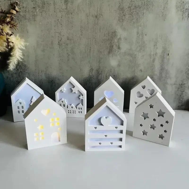 

3D Hollow Splicing House Silicone Mold DIY Star Love House Ornaments Silicone Mold Lighting House Candle Holder Cement Mould