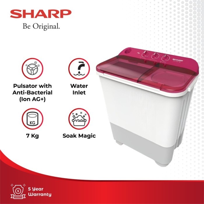 Sharp Mesin Cuci 2 Tabung ES-T75NT-PK Pink 7kg