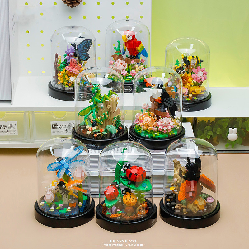 Mainan Seri Serangga Batu Bata Bunga Kotak Pajangan Pot Bunga DIY Untuk Dekorasi Desktop Blok Mainan