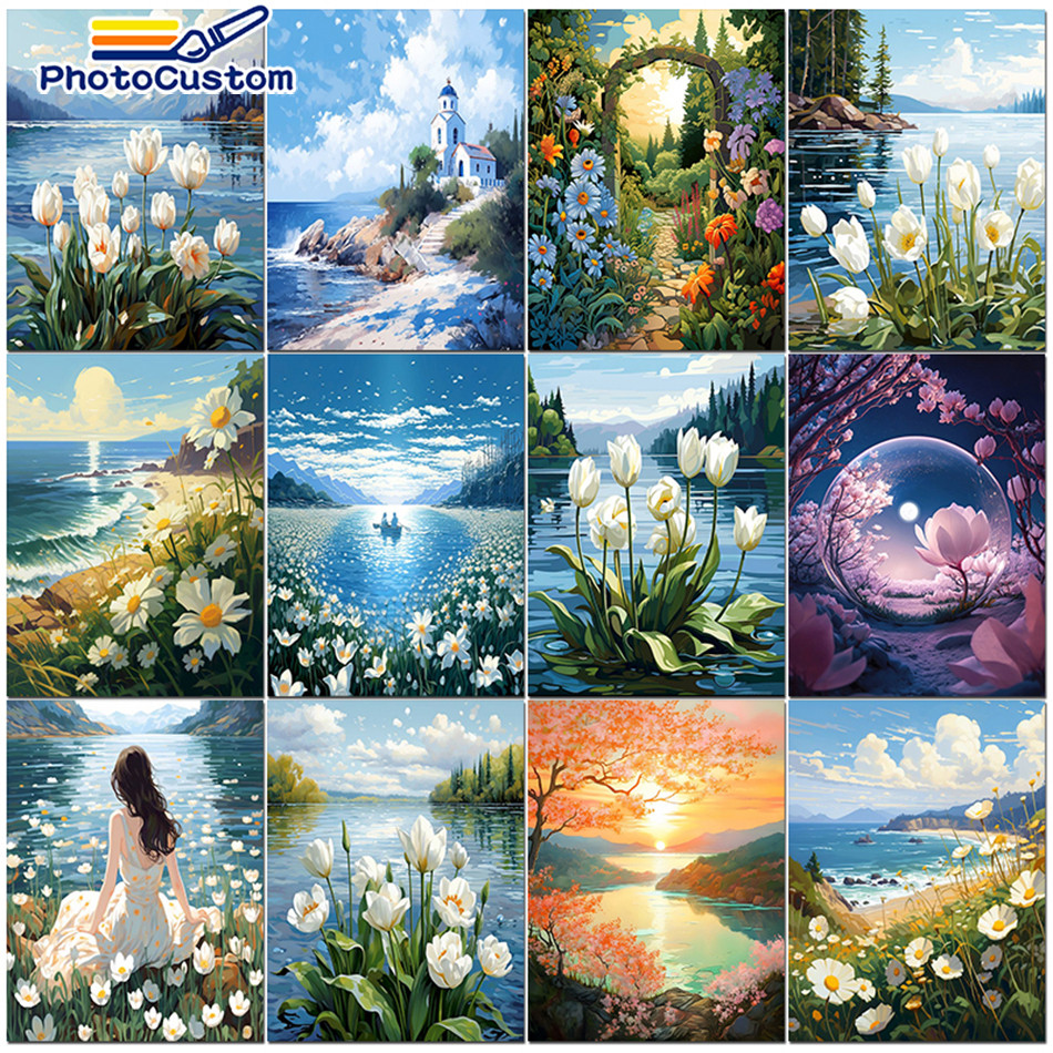 

PhotoCustom-Painting by Number Flower Landscape, DIY Kits, Canvas Diy Frame, Oil Picture, Drawing, Coloring, Acrylic Paint Gift