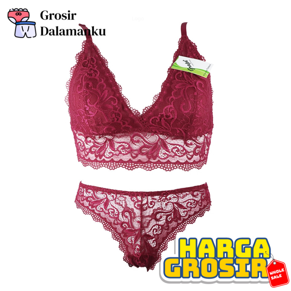 (Grosir) Grape Setelan Bralette Full Renda Transparan Lace Celana Dalam Wanita Bra Bh Tanpa Kawat Sp