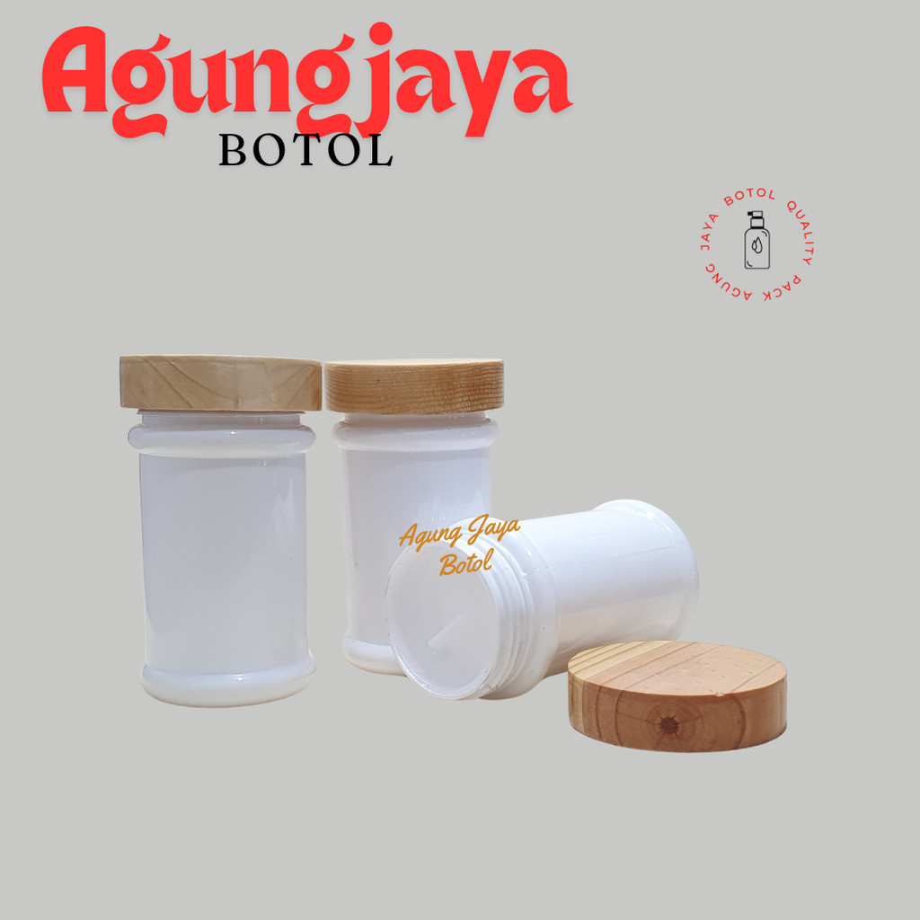 Toples Pet 220 ml Tabung Putih Tutup Kayu Pinus / Toples Bawang Goreng / Toples Snack / Toples Selai
