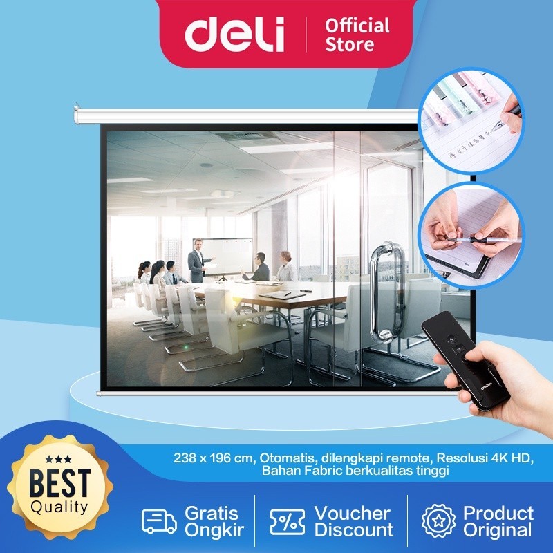 Deli Automatic Screen Proyektor/Layar Proyektor Otomatis 120 inch Dengan Remote Bisa Digantung 50441