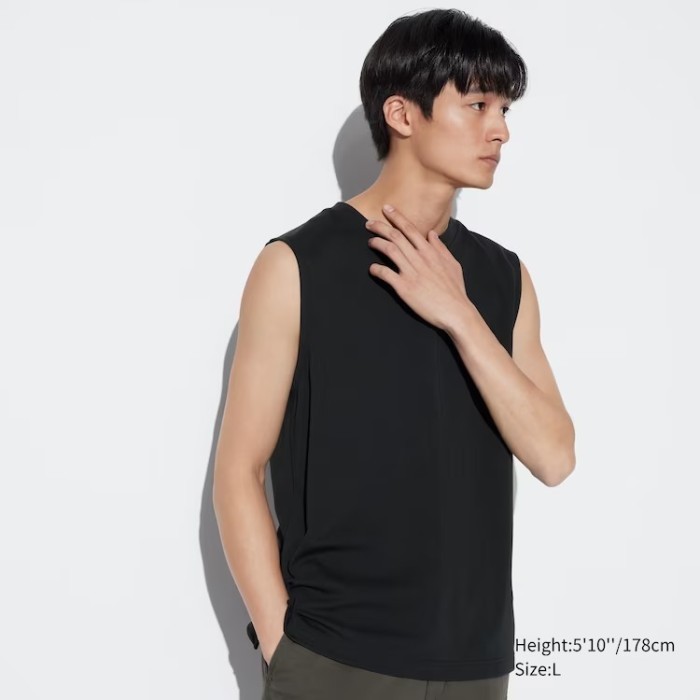 Men AIRism Katun T-Shirt Tanpa Lengan Tanktop Pria Tank Top UNIQLO  - BLACK, M